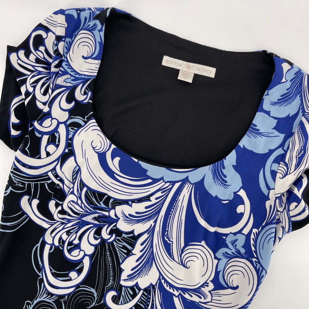 Boston Proper Dress Sheath Floral Print Stretch Short Sleeve Blue Black‎ Size 4
